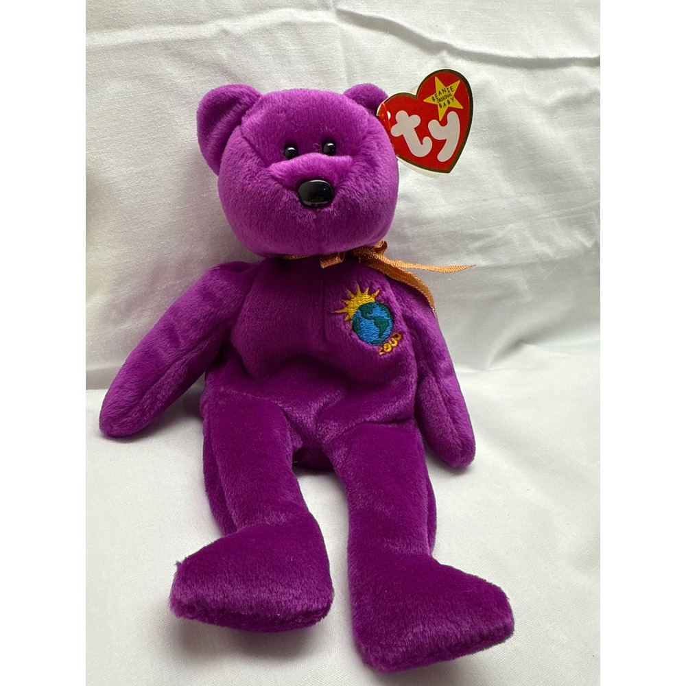 Ty Beanie Babies Millennum Bear 2000 Purple Earth Embroidered Collectible Toy